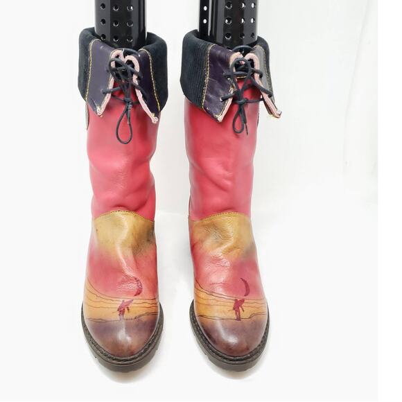 Vintage Leather Foldover Boots Pink Brown Tropical Beach  OOAK England Sz UK 6 - Picture 7 of 16